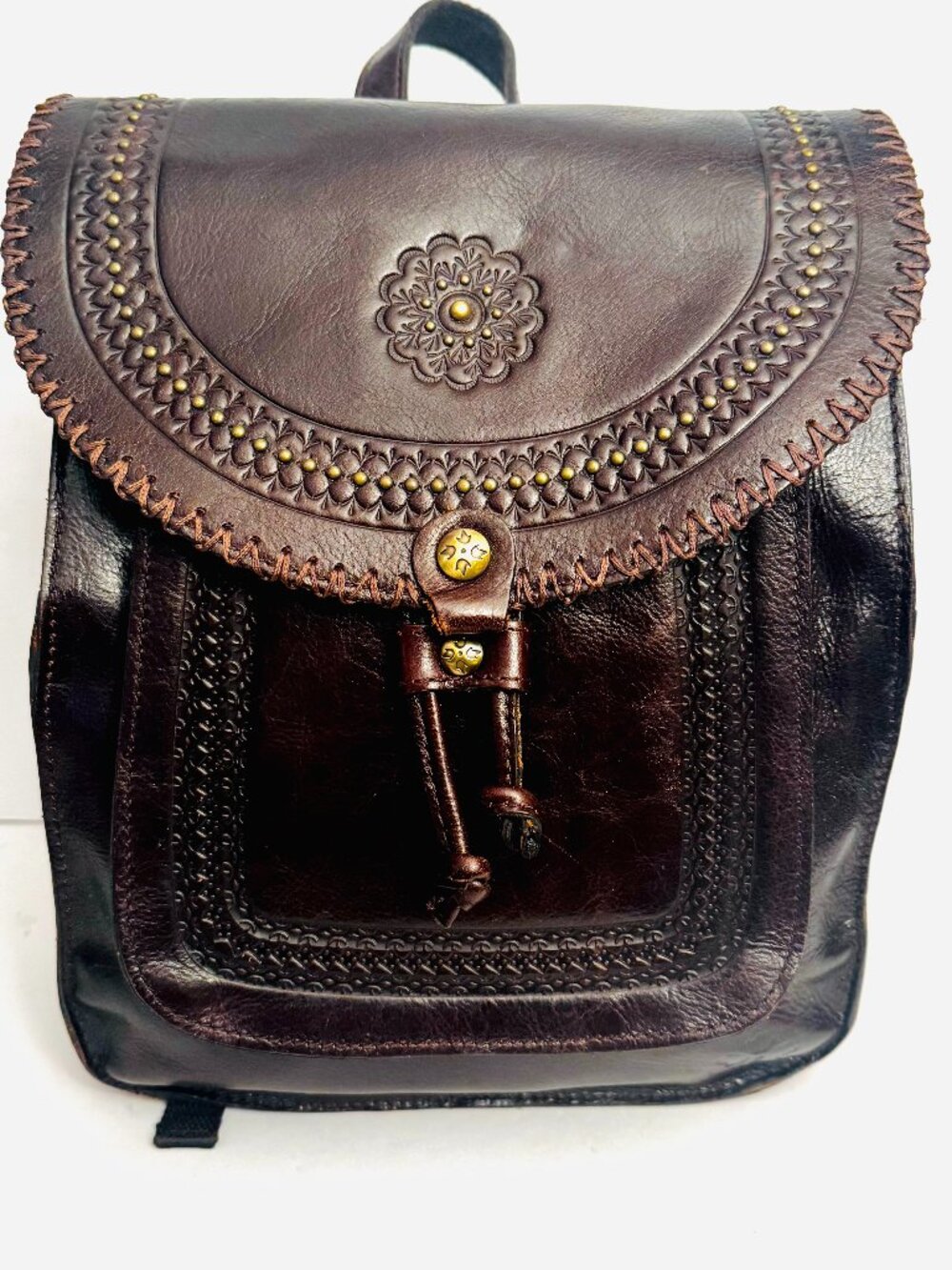 Patricia Nash Jovanna Brown Backpack Bag Embossed Leather Studded READ